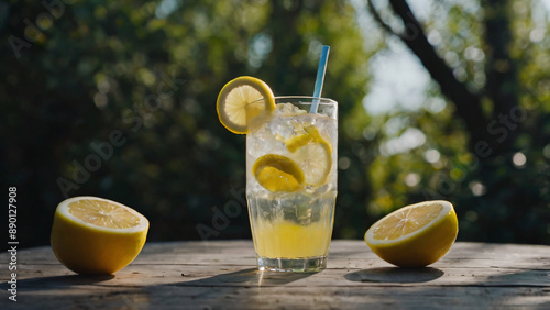 Refreshing glass of lemonade with a straw and lemon slices