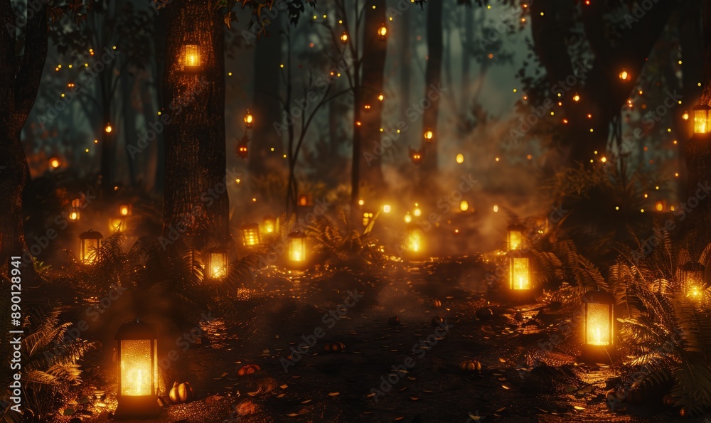 Mysterious forest clearing with glowing lanterns, 31st October Mysterious forest clearing with glowing lanterns, 31st October