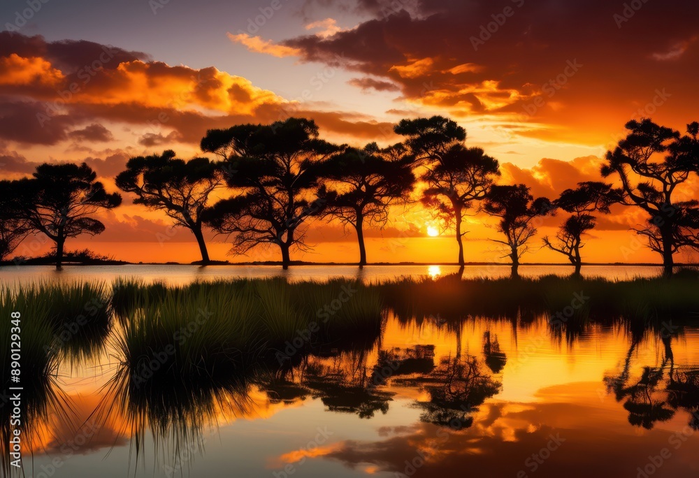 vibrant sunset reflection calm estuary waters silhouettes trees nature landscape scene evening light, colorful, orange, sky, sunlight, peaceful, river, scenic vibrant sunset reflection calm estuary waters silhouettes trees nature landscape scene evening light, colorful, orange, sky, sunlight, peaceful, river, scenic