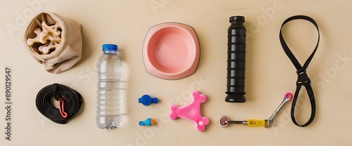 Pet essentials on a beige background: food bowl, pink toy bone, retractable leash, water bottle, and toys.