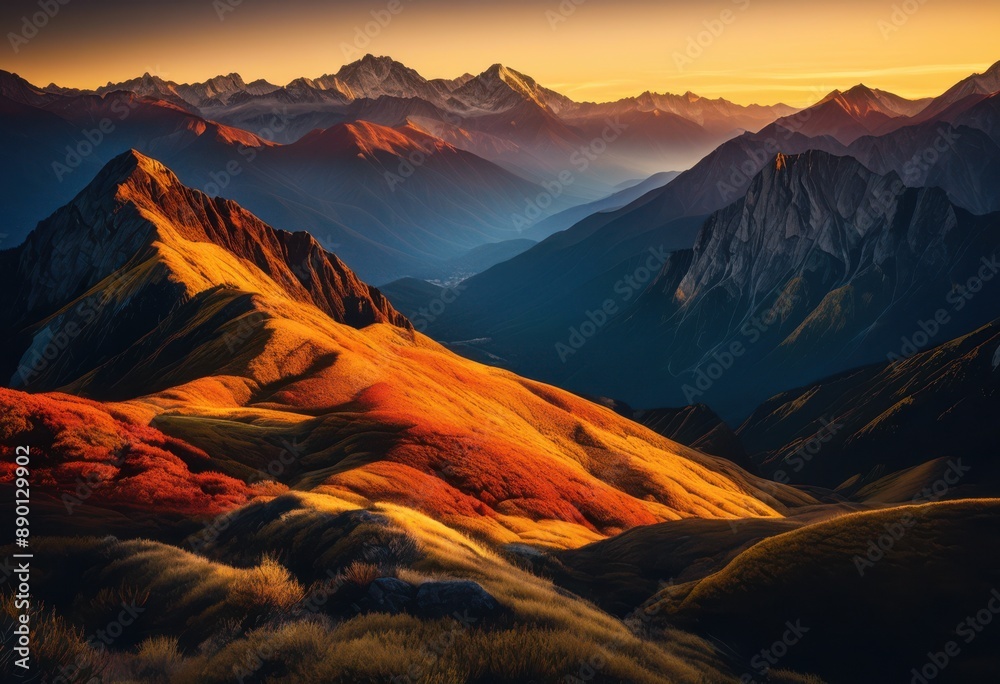 Obraz premium majestic sunrise illuminating ancient mountain range peaks golden light, landscape, scenic, nature, beauty, sunlight, morning, dawn, horizon, silhouette