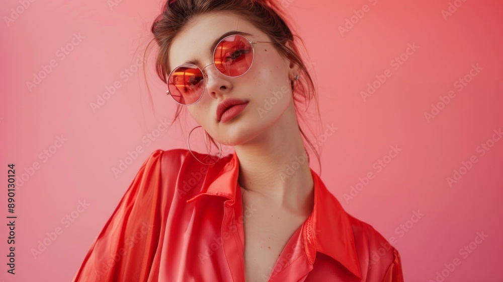 A woman in a red shirt and sunglasses is posing for a photo A woman in a red shirt and sunglasses is posing for a photo