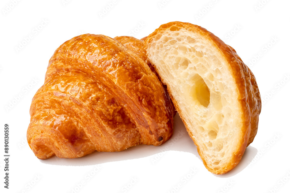 Single brown croissant with half in stack isolated with clipping path and shadow in png file format Single brown croissant with half in stack isolated with clipping path and shadow in png file format