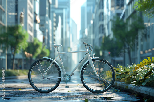 A modern bicycle stands in the middle of the city street. Generated by artificial intelligence