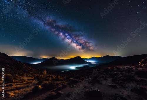 spectacular night sky blanketing vast empty plain milky way stars viewed from remote location, landscape, darkness, celestial, horizon, open, space, serene © Yaraslava