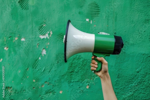 Hand holding a megaphone against a green cracked wall background © MrHamster