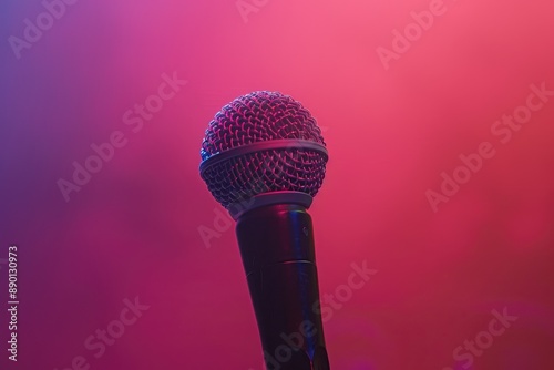 Close up of a black microphone against a pink and blue gradient background photo