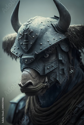 Closeup portrait of a viking warrior with horned helmet. photo