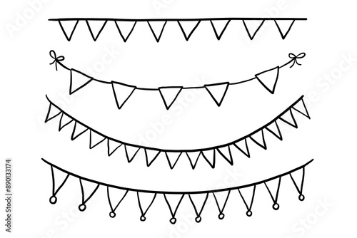 Doodle Bunting Garland. Black and White Flags for Birthday Decorations. Vector fair pennant Illustration