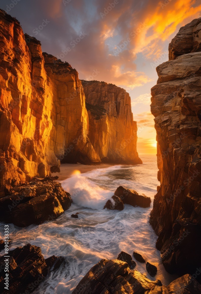 Fototapeta premium golden sunrise light rocky cliffs, illuminated, sunbeam, morning, mountains, glowing, sunlight, bright, boulders, horizon, nature, landscape, outdoor