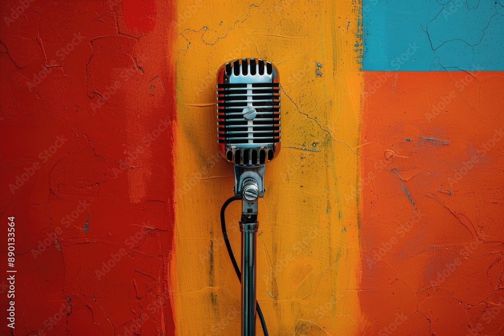 Fototapeta premium Vintage Microphone on Colorful Painted Wall