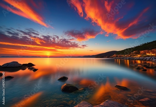 tranquil sunset reflecting serene bay clear peaceful ocean view, calm, sky, water, dusk, horizon, evening, nature, scenery, beauty, peacefulness, idyllic