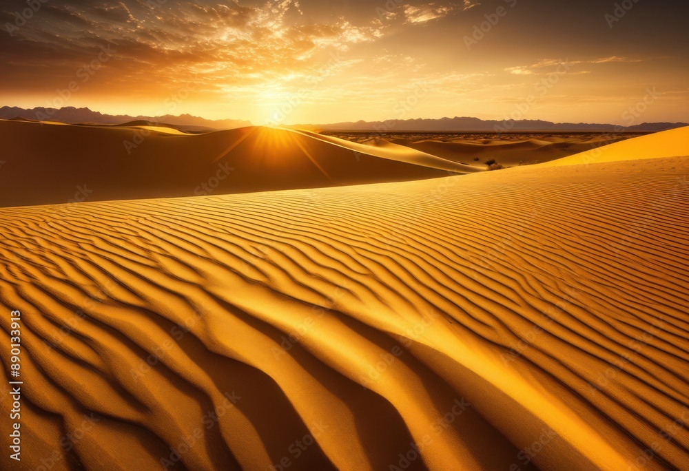 Naklejka premium golden sunlight reflecting off sandy ridges desert landscape, reflection, dunes, arid, terrain, shadows, nature, bright, beautiful, scenic, dry, hot