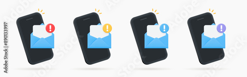 3D Phone with open letter in envelope and exclamation mark. Error delivering message to email. Mail spam. Important sms to smartphone. New notification. Cartoon design icon set. 3D Vector illustration