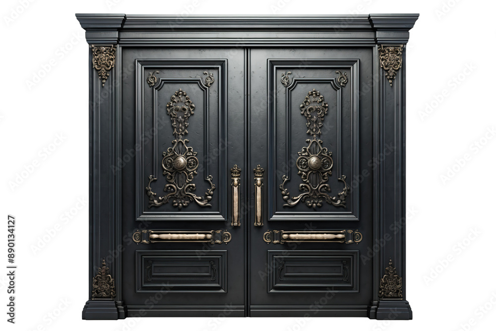 A Grand Entrance: Double Ornate Doors With Intricate Detailing on a Clear PNG or White Background.