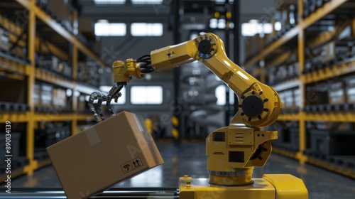 Box being grabbed by a robot arm on a roller conveyor rack with storage warehouse background