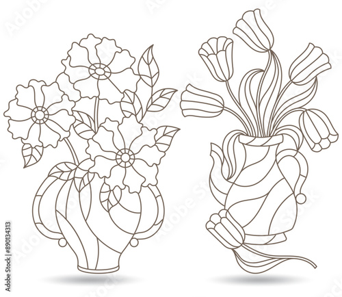 Set of contour stained glass illustrations, bouquets of flowers in vases, dark contours on a white background