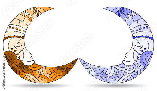 A set of stained-glass illustrations with moons with faces,  on a white background isolates, tone brown and blue