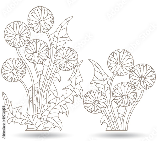 A set of contour illustrations in the style of stained glass with abstract dandelion flowers, dark contours on a white background