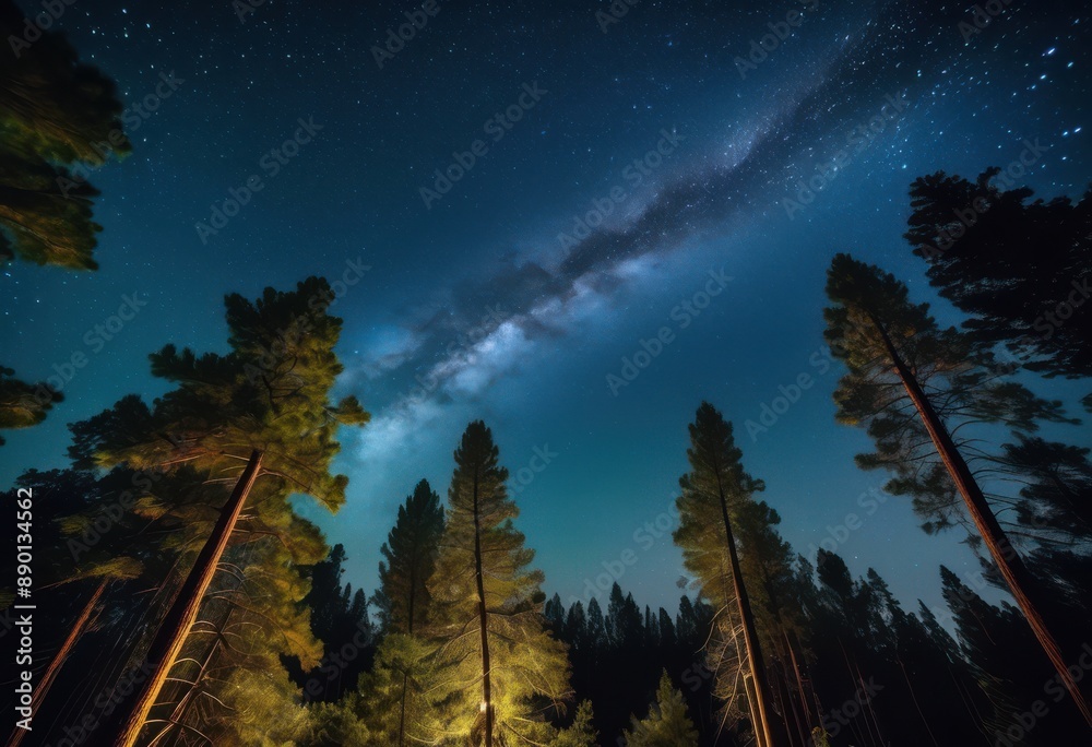 Obraz premium twinkling stars over pine forest serene nature landscape sparkling night sky, scene, atmosphere, background, beauty, sparkle, shimmer, glow, glitter, twinkle