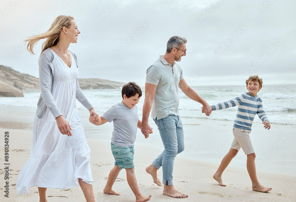Obraz premium Parents, kids and holding hands at beach with smile, walk or bonding with love on vacation in summer. Father, mother and children on holiday for connection, memory or talking with family in sunshine