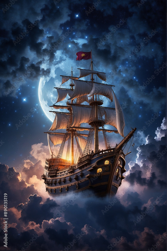 Fototapeta premium A majestic sailing ship with a flag, sailing through the clouds under a full moon.