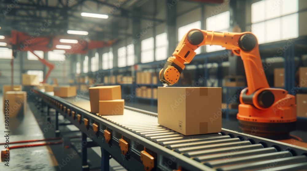 Fototapeta premium Robotic arms carrying carton boxes on a conveyor belt at a smart distribution warehouse.