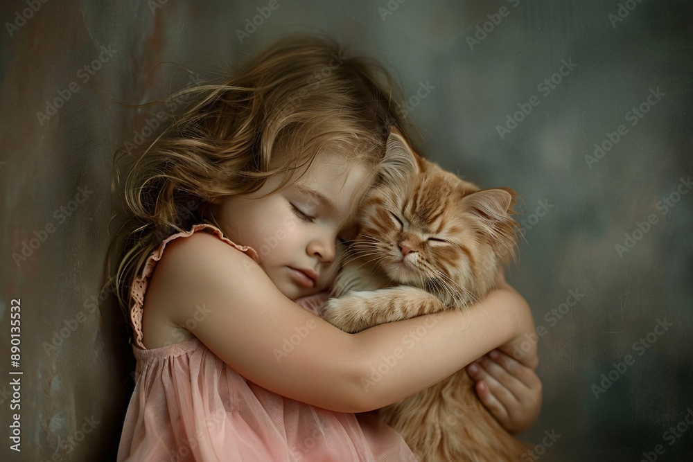 Young European Girl in Pink Dress Hugging Cat Young European Girl in Pink Dress Hugging Cat