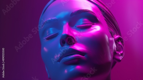 Stock robot in neon colors. Human head rendered in 3D on a gradient background. An application concept for virtual reality, face identification, and technology. Model of glowing light.