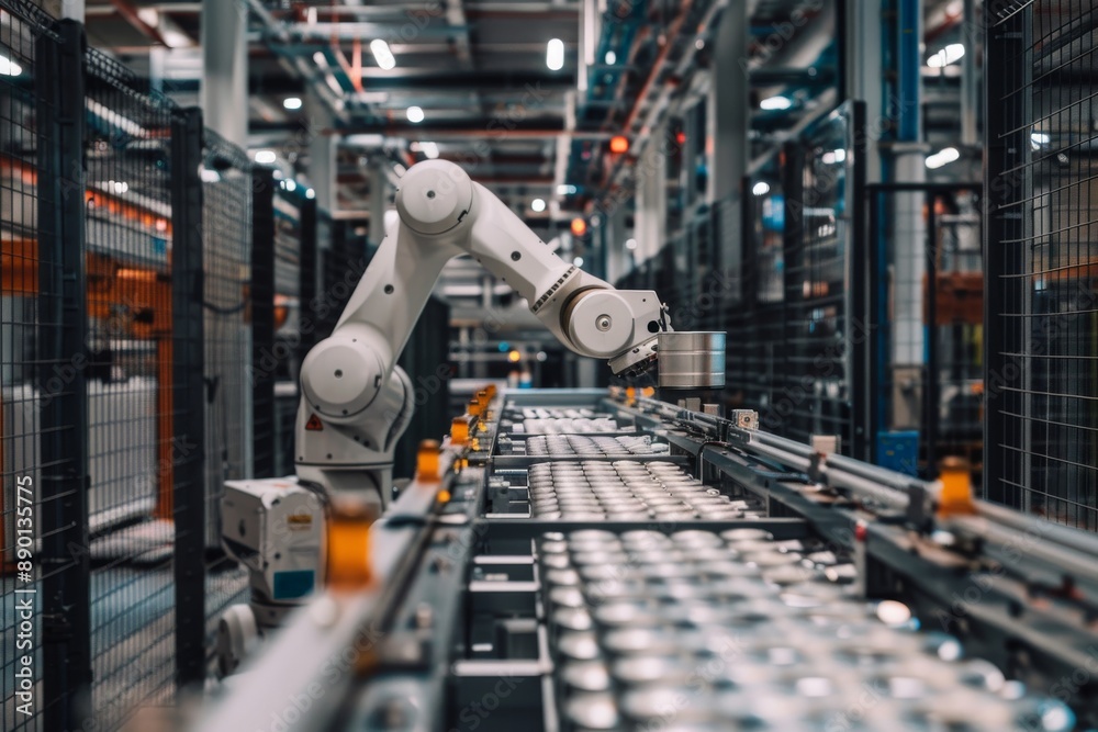 In a modern manufacturing building, a white robotic arm is attached to machinery In a modern manufacturing building, a white robotic arm is attached to machinery