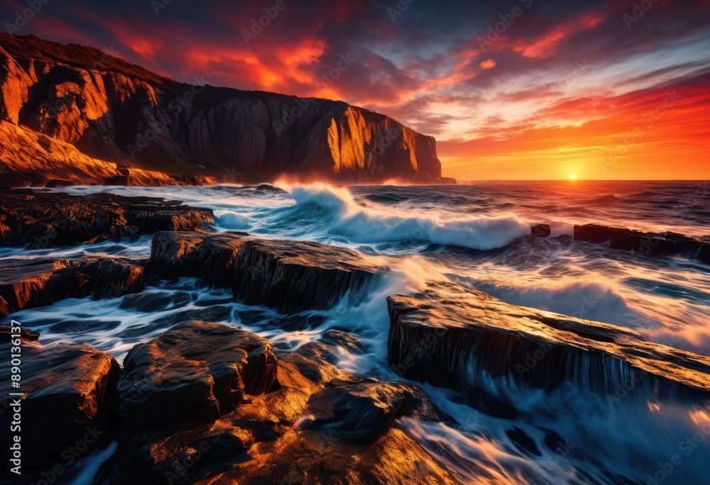 Fototapeta premium dramatic cliffs meeting ocean, abyss, beauty, breathtaking, cliffside, cliffsides, coast, coastline, coastal, drop, edge, escarpment, formation, grand