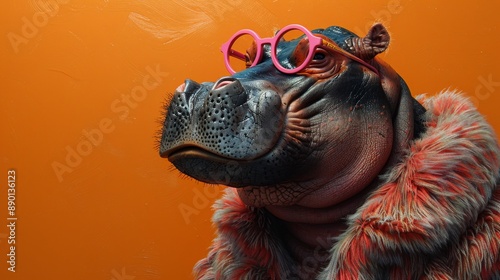 Hippo with pink glasses and fur coat - generative ai photo