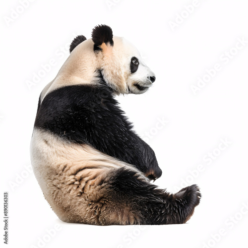 Panda sitting, isolated on white background, closeup portrait, side view