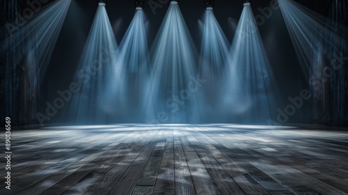 Empty stage with wooden floor and spotlights shining down, creating a dramatic and atmospheric scene ready for performance.