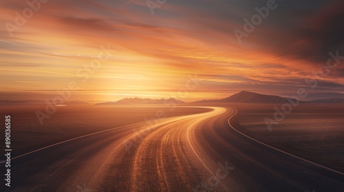 Scenic road turning towards the horizon with a stunning sunset in the background, creating a tranquil and inspiring landscape. © tinnakorn