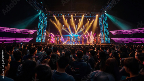 People watching idol group perform on stage