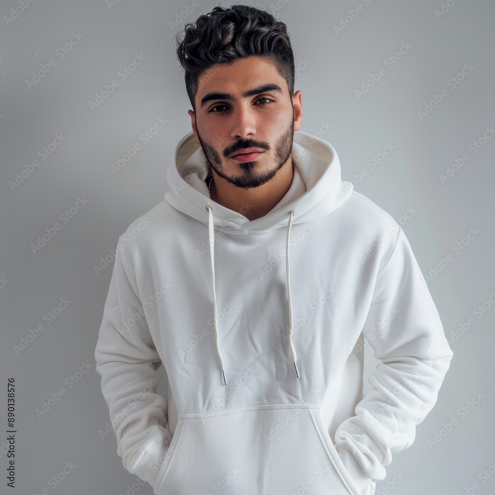 Young Man Wearing White Hoodie Against Grey Wall Young Man Wearing White Hoodie Against Grey Wall