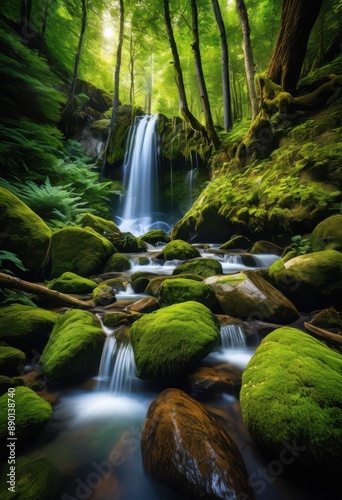 serene alpine forests concealing stunning waterfalls secret beauty, nature, lush, trees, foliage, tranquil, cascading, clear, picturesque, landscape, wilderness,