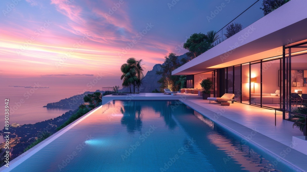 Fototapeta premium Luxury infinity pool overlooking coastal sunset - generative ai