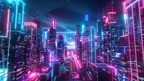 AI-powered smart city skyline neon lights and digital effects background