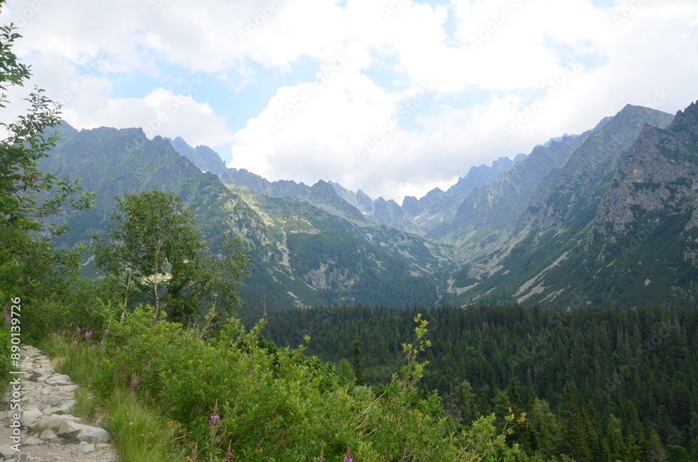 Obraz premium Mountain landscape in the Tatras, Slovakia. View from the High Tatras. background of beautiful mountains in the High Tatras, Mengusovská dolina, hiking trail Tatra highway