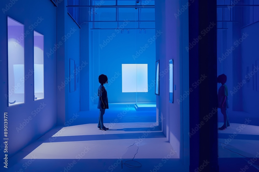 Fototapeta premium Evening shadows lengthen in a contemporary art gallery, casting dramatic silhouettes against avant-garde sculptures and installations, Generative AI