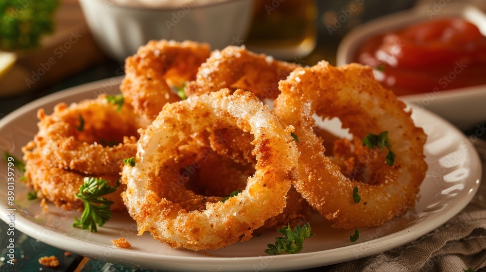 Crispy Fried Onion Rings on a White Plate Crispy Fried Onion Rings on a White Plate