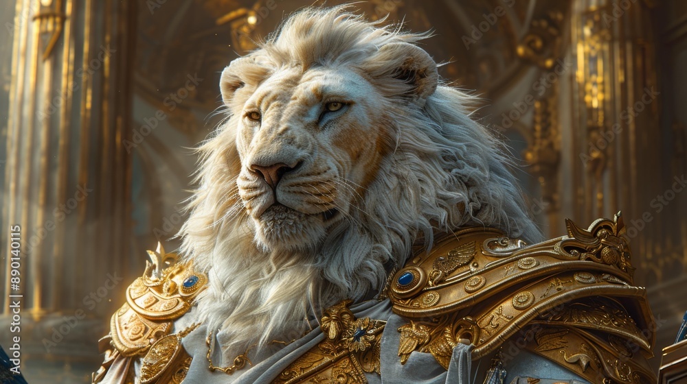 Royal lion with golden armor in palace - generative ai