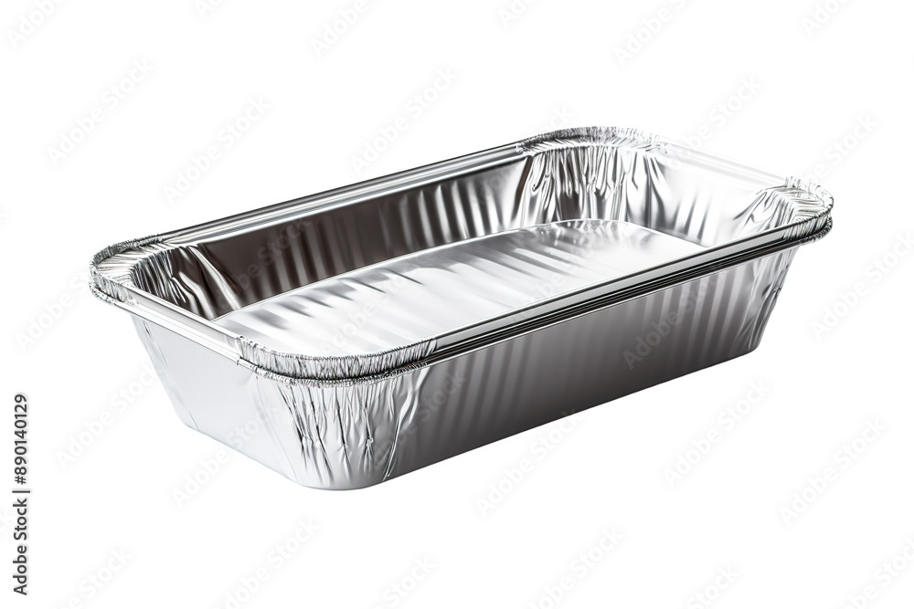 Obraz premium Aluminum foil loaf pan, disposable baking tin tray with ridged sides, shiny metal cookware for oven roasting and food prep isolated on Transparent Background