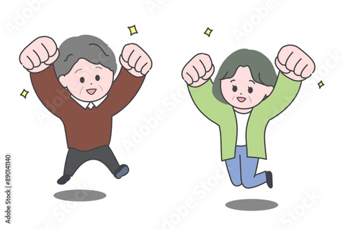 拳を突き上げてジャンプする老夫婦のイラスト