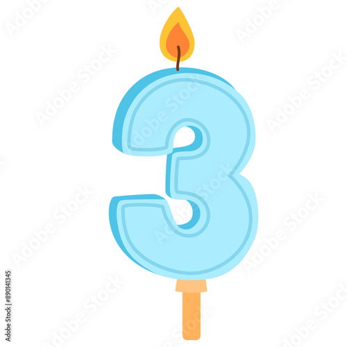 Wax birthday candle of number 3 shape for 3d year anniversary. Glowing figure three candlelight with flame for party cake for third age. Flat vector illustration isolated on white background