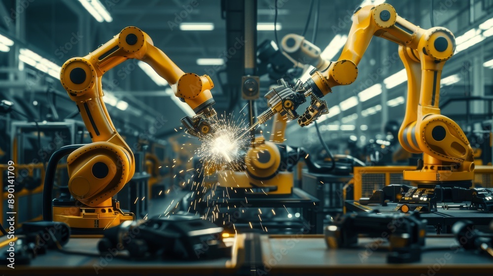 The arms of industrial robots work on the production line of an industrial factory