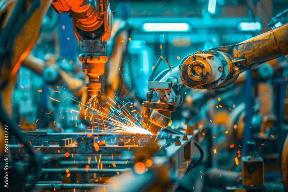 The industrial setting surrounded by sparks and glowing metal is a perfect showcase for automated precision: a metal forging robot at work The industrial setting surrounded by sparks and glowing metal is a perfect showcase for automated precision: a metal forging robot at work