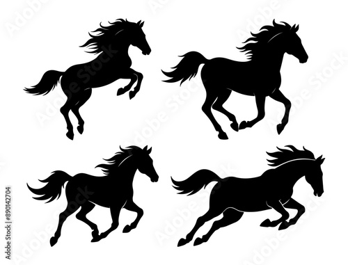 Set of horse silhouettes for design. Ink sketch of a horse running, jumping, rearing. Vector isolated on white background.
